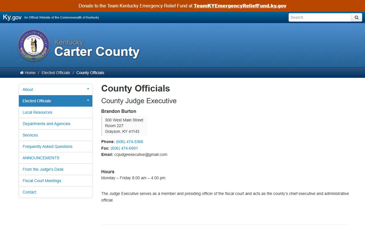 Carter County officials page for jailer sheriff and court clerk inmate record contacts