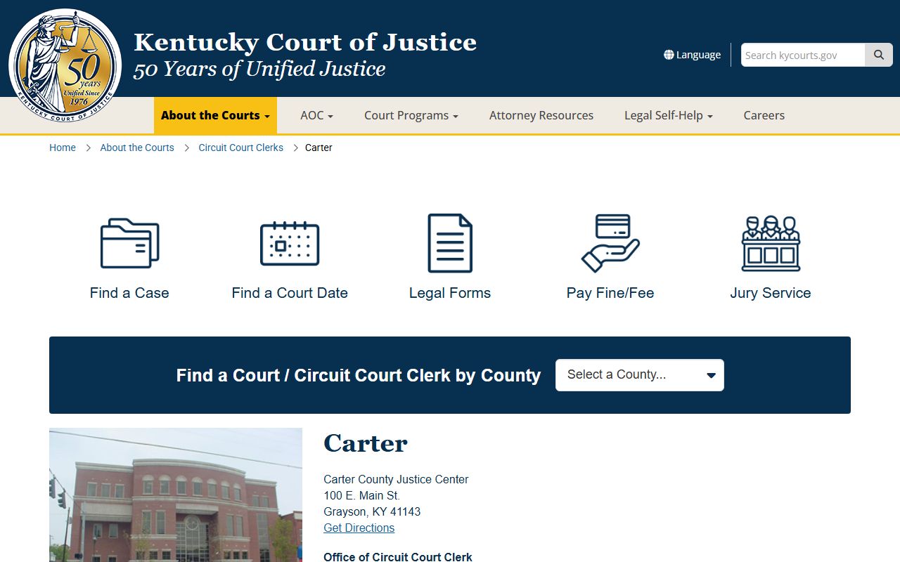 Carter County court records after arrest page on Kentucky Court of Justice