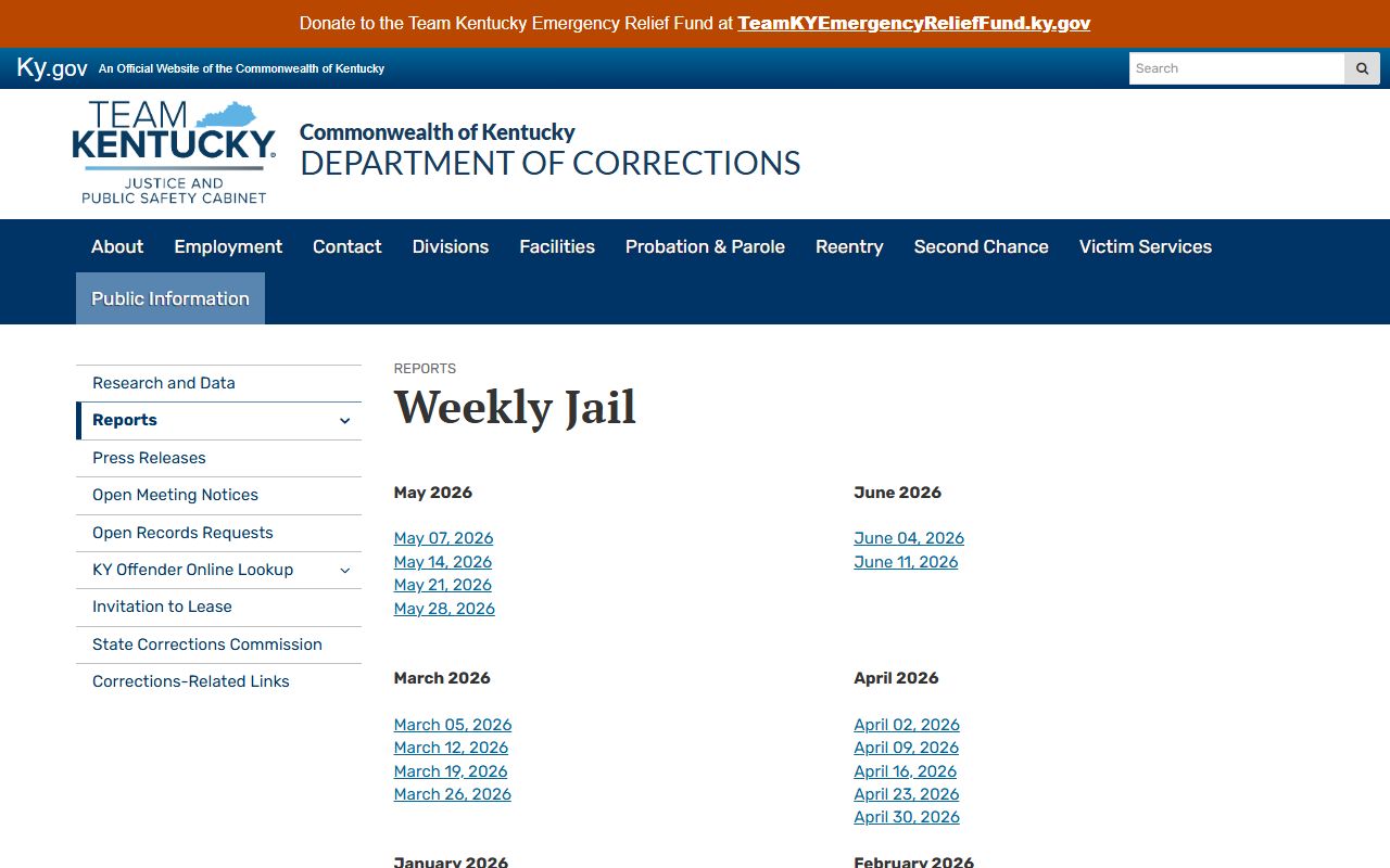 Kentucky DOC weekly jail reports source for Carter County Detention Center population
